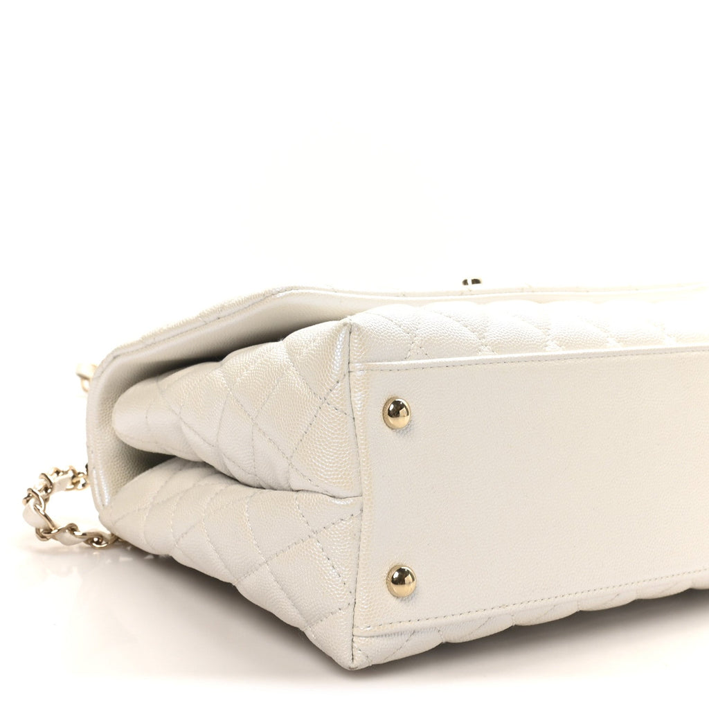 Iridescent Caviar Quilted Small Coco Handle Flap White