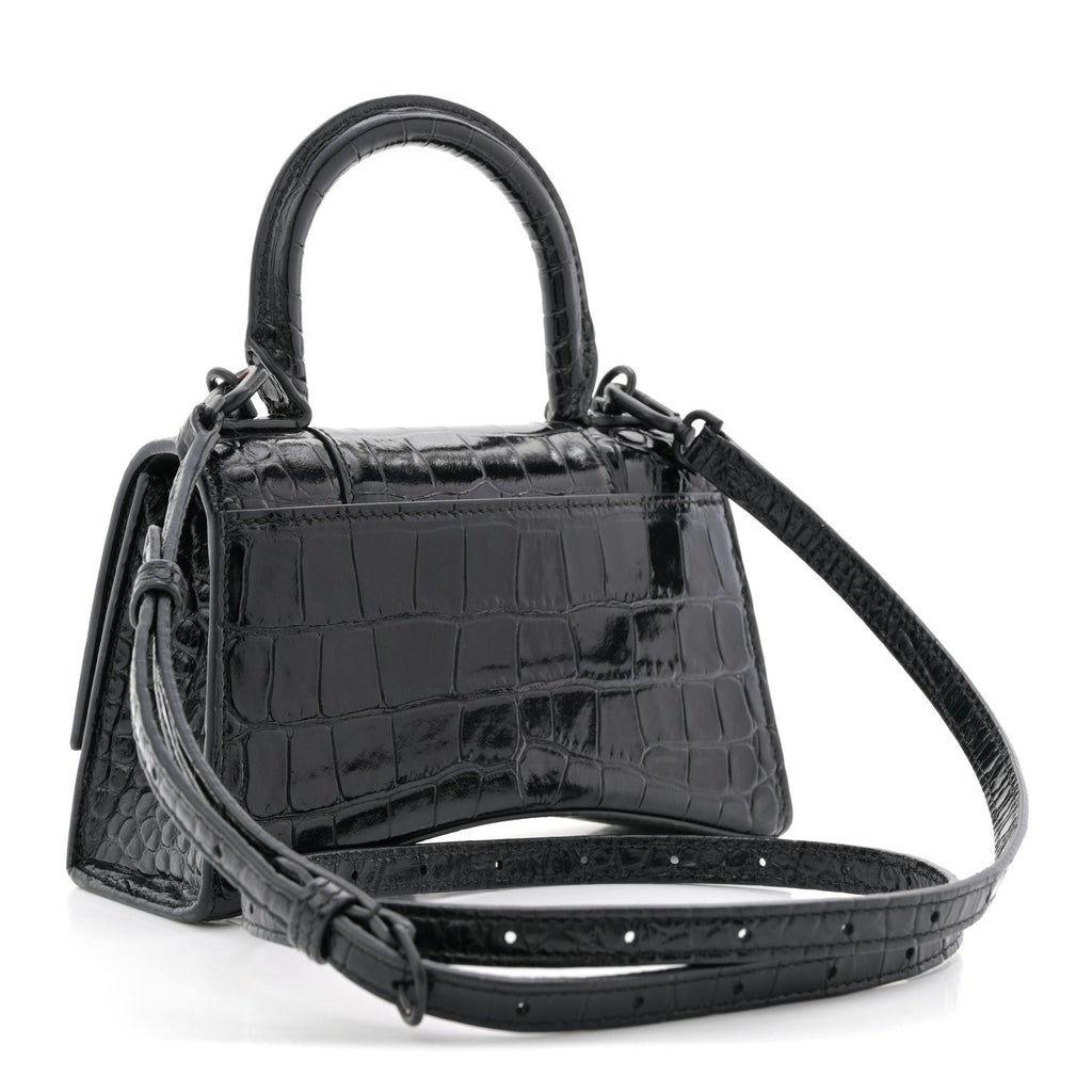 Shiny Calfskin Monochrome Crocodile Embossed Hourglass Top Handle Bag XS Black