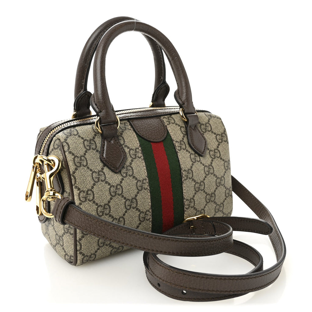 GG Supreme Monogram Textured Dollar Calfskin Web Mini Ophidia Top Handle Bag Beige Ebony New Acero
