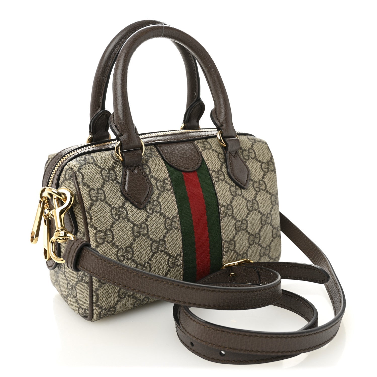GG Supreme Monogram Textured Dollar Calfskin Web Mini Ophidia Top Handle Bag Beige Ebony New Acero