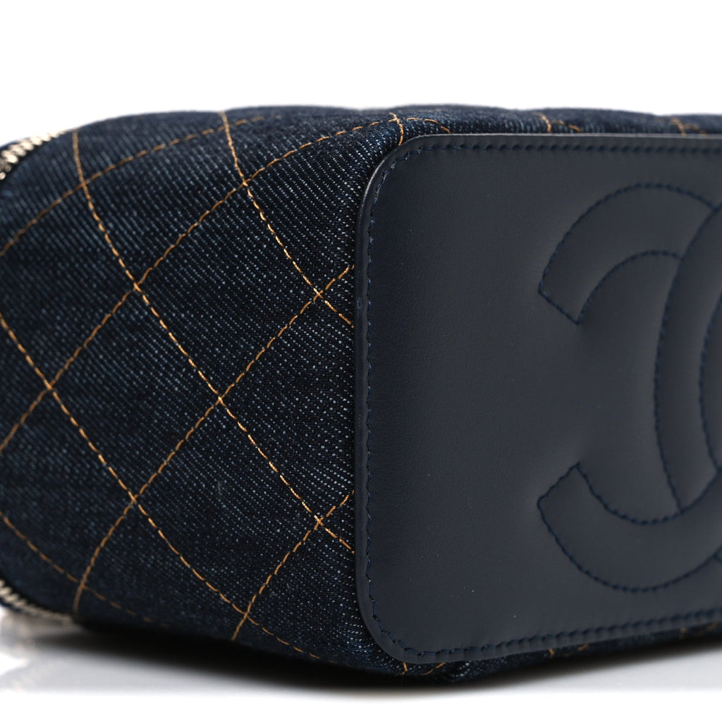 Denim Quilted Vanity Case With Chain Dark Blue Orange