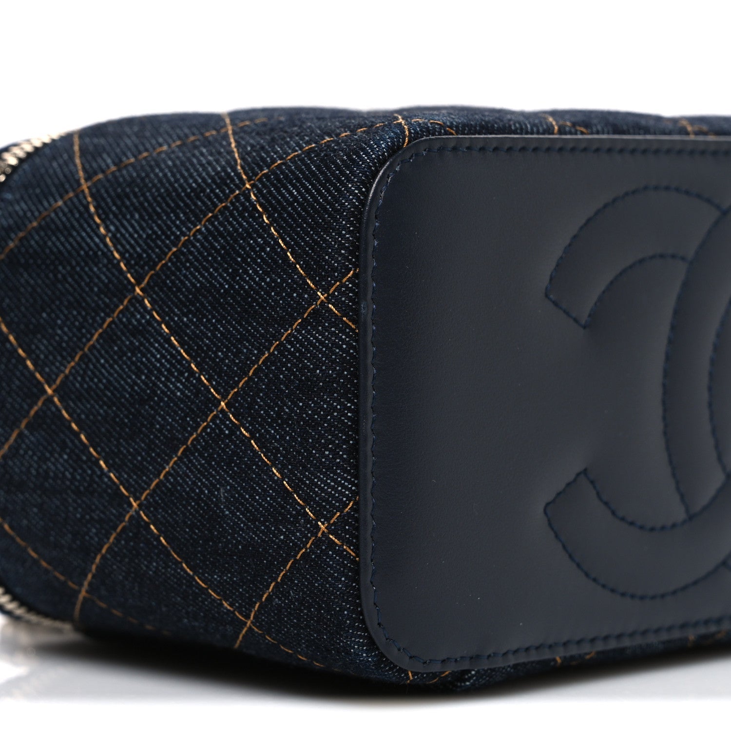 Denim Quilted Vanity Case With Chain Dark Blue Orange