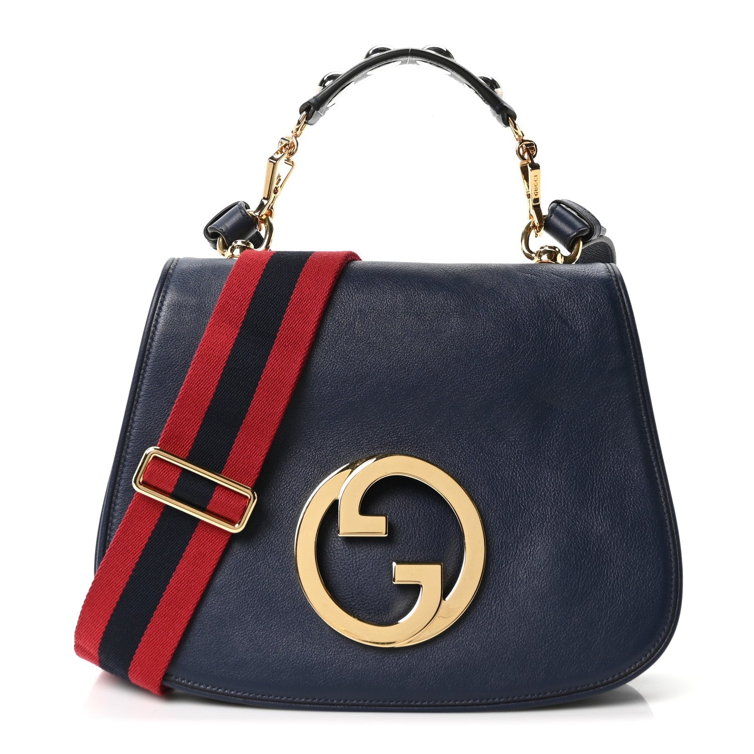 Roxy Calfskin Web Medium Blondie Top Handle Shoulder Flap Bag Blue Agata