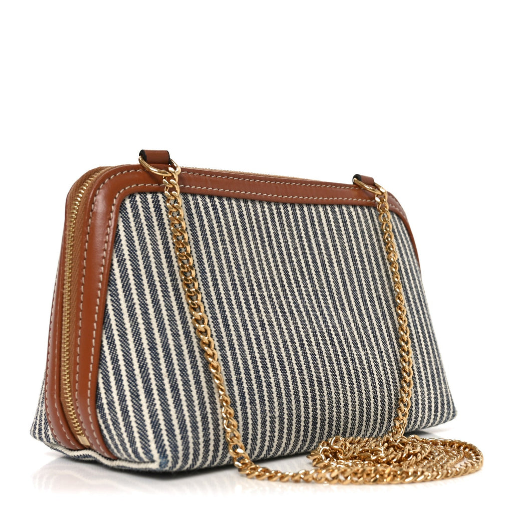 Canvas Calfskin Striped Triomphe Clutch On Chain Navy Blue Tan