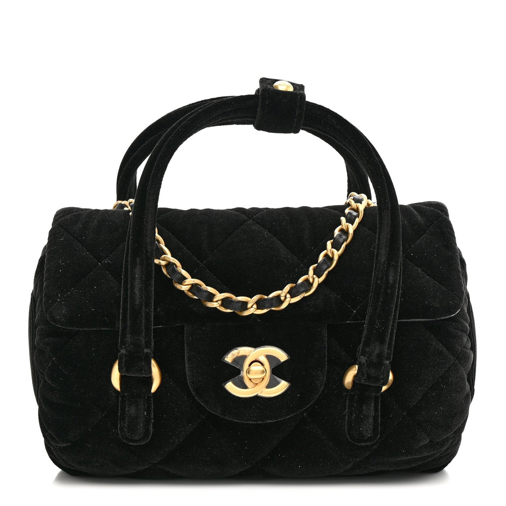 Velvet Quilted Mini Top Handle Flap Black