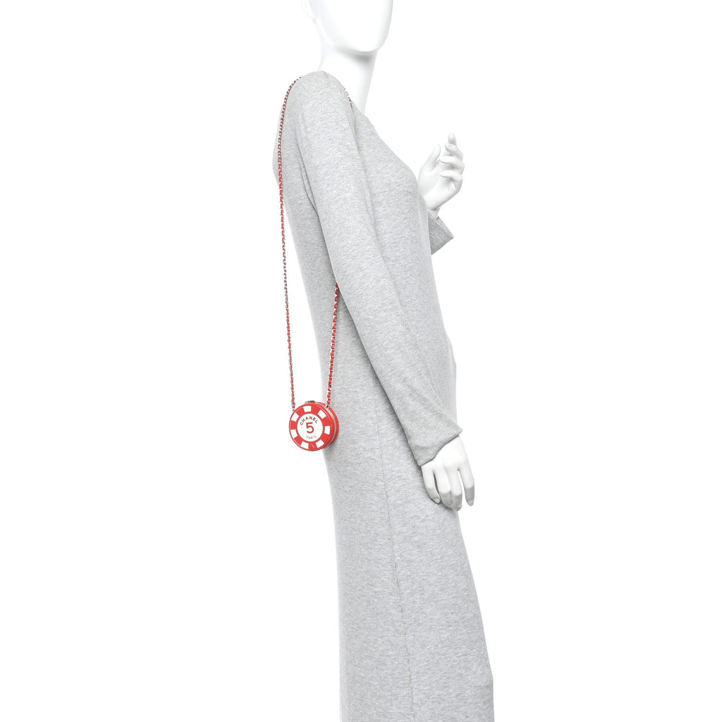 Lambskin Enamel Quilted Round Poker Chip Clutch With Chain Red White