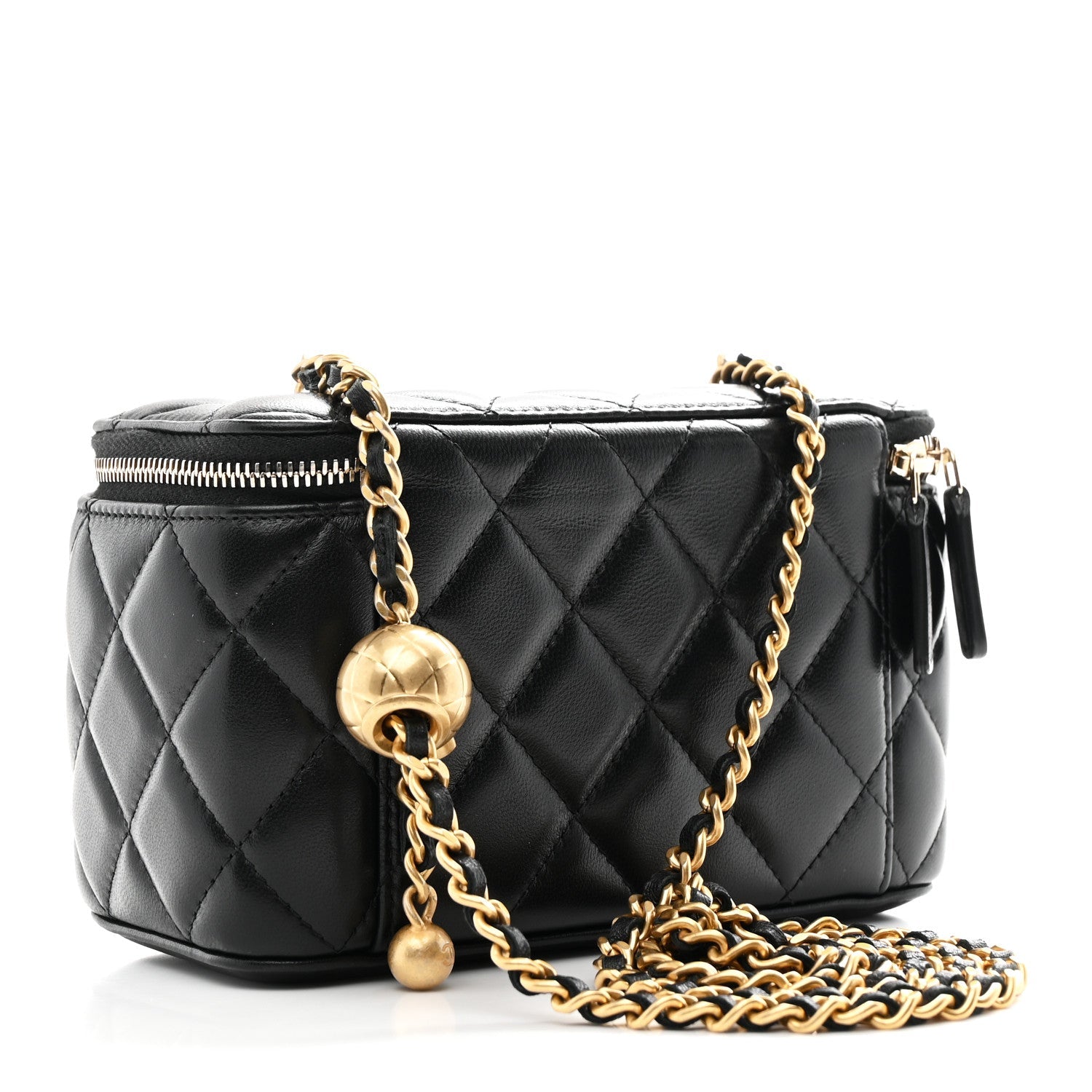 Lambskin Quilted Pearl Crush Small Vanity Case With Chain Black