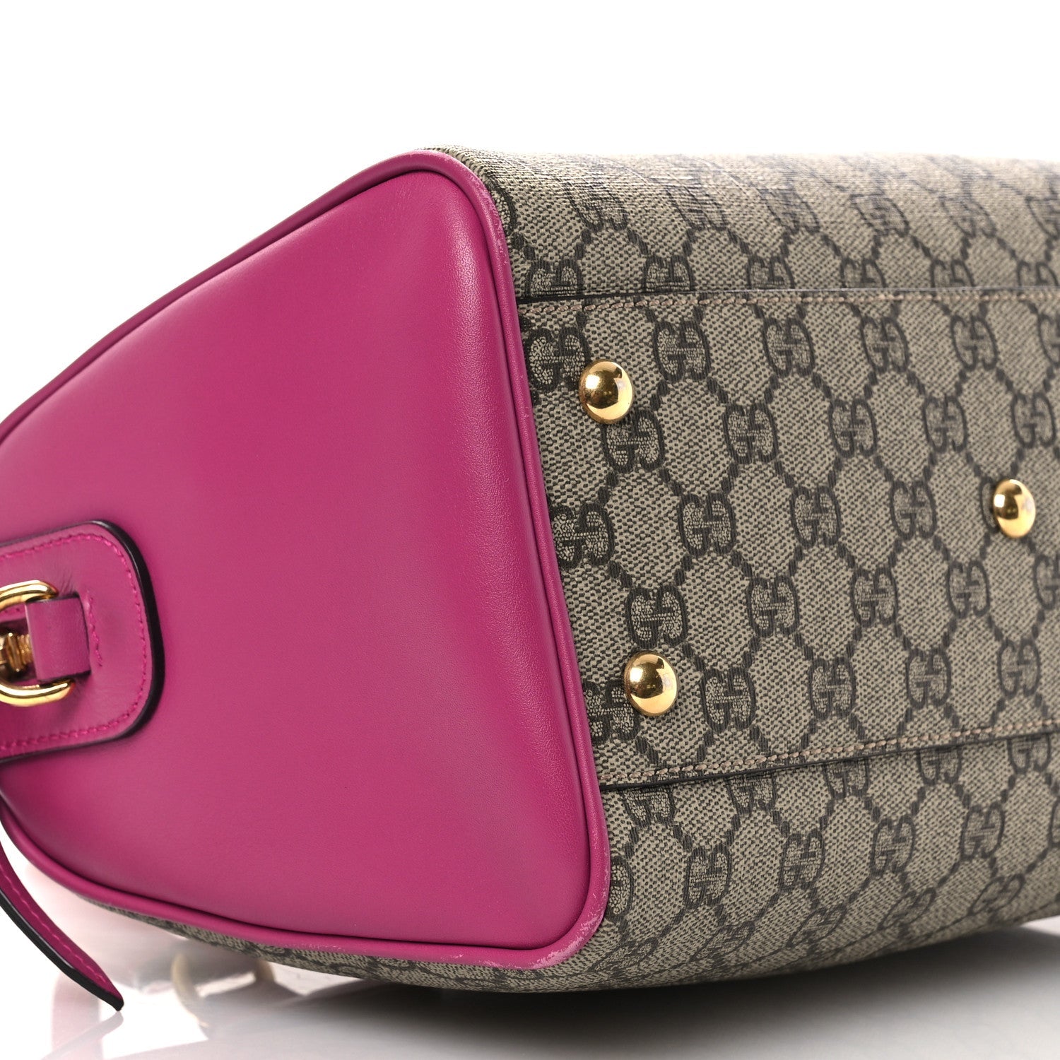 GG Supreme Monogram Moon Calfskin Small Boston Beige Ebony Hibiscus Red New Rosette