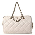 Caviar Quilted Barrel Clutch With Chain White