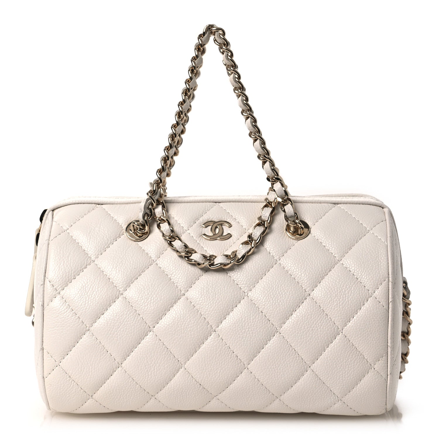 Caviar Quilted Barrel Clutch With Chain White