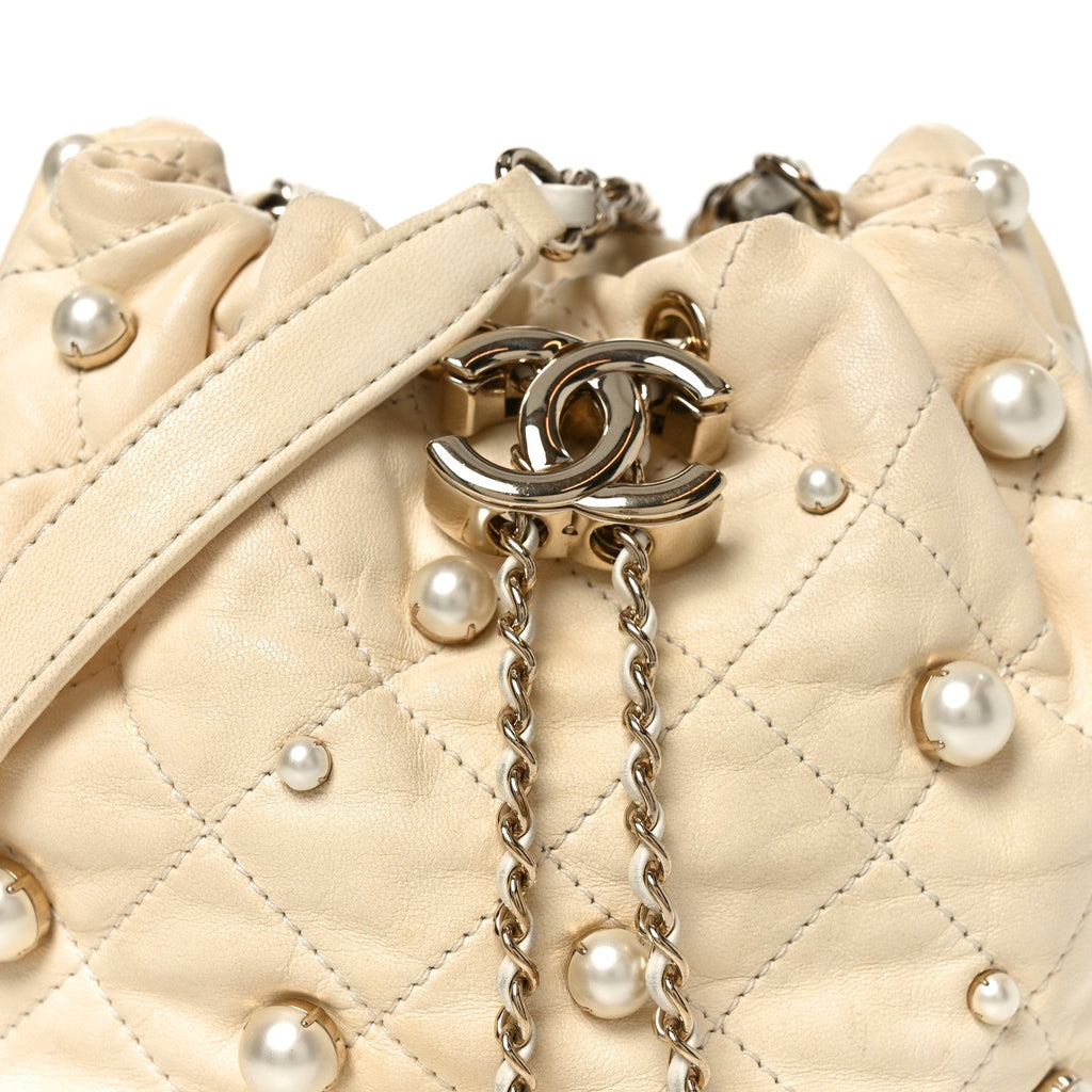 Lambskin Quilted Pearl Mini About Pearls Drawstring Bag White