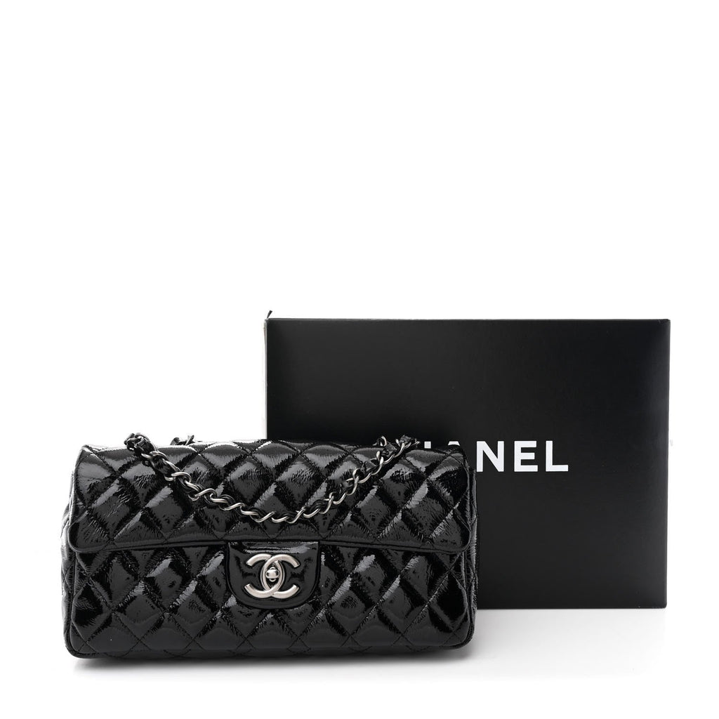 Crinkled Patent Quilted East West Flap Black