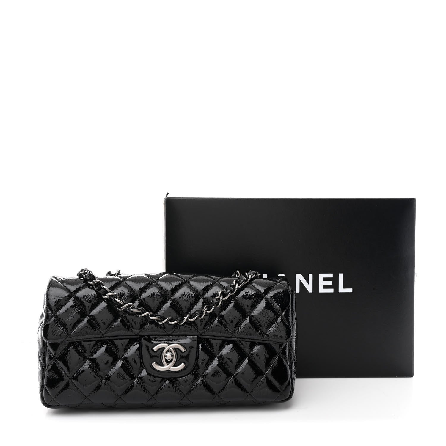 Crinkled Patent Quilted East West Flap Black