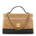 Suede Calfskin Shiny Lambskin Quilted Top Handle Slim Vanity Case With Chain Beige Black