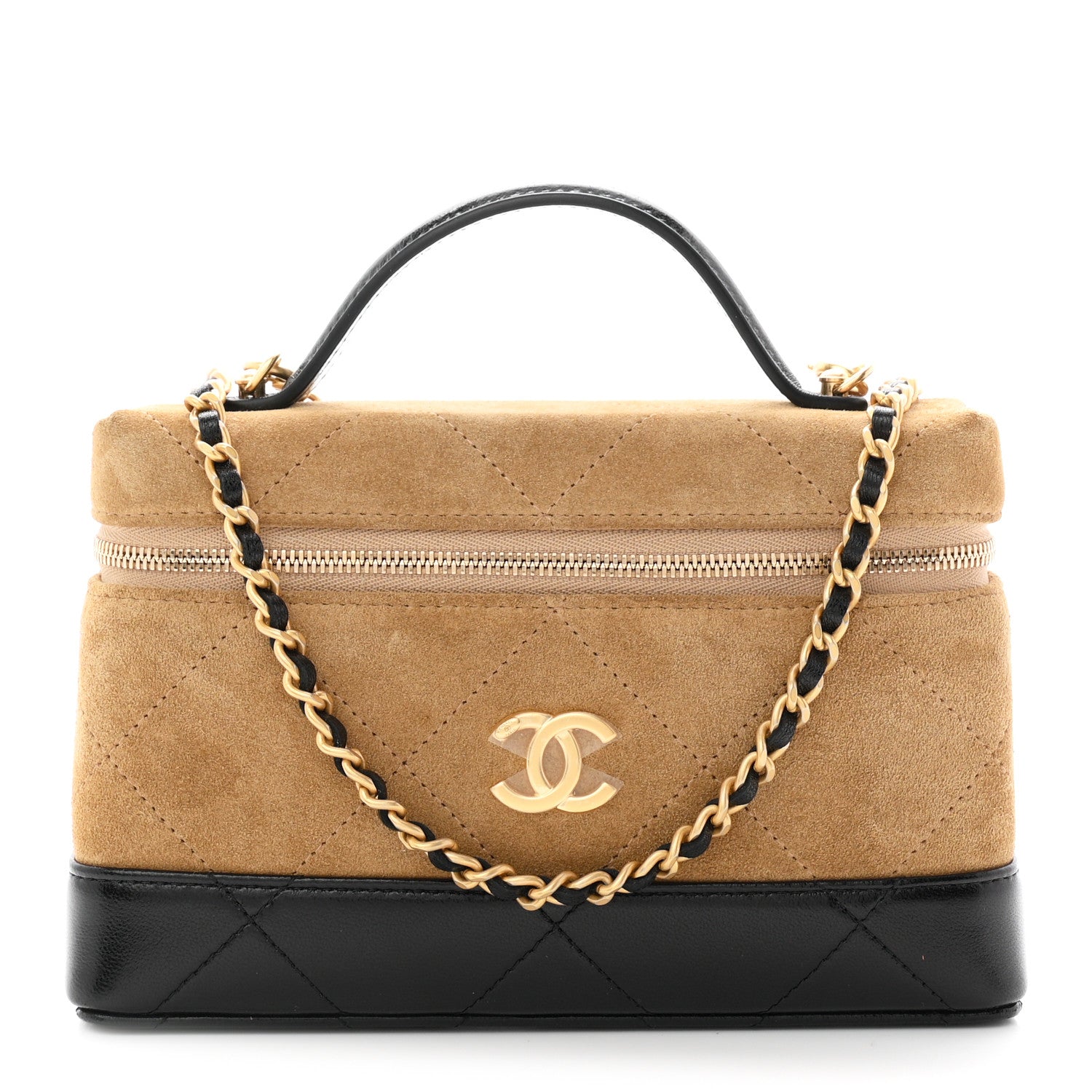 Suede Calfskin Shiny Lambskin Quilted Top Handle Slim Vanity Case With Chain Beige Black