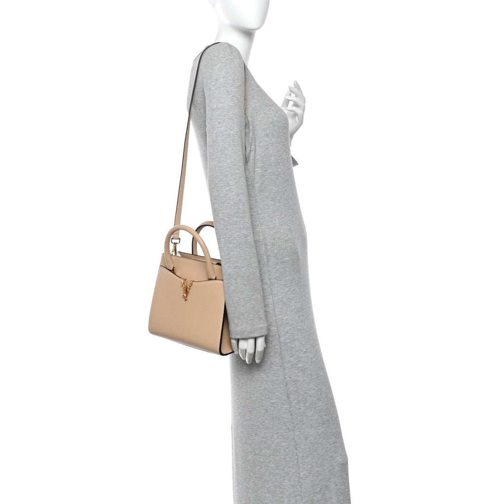 Grainy Calfskin Virtus Top Handle Tote Beige