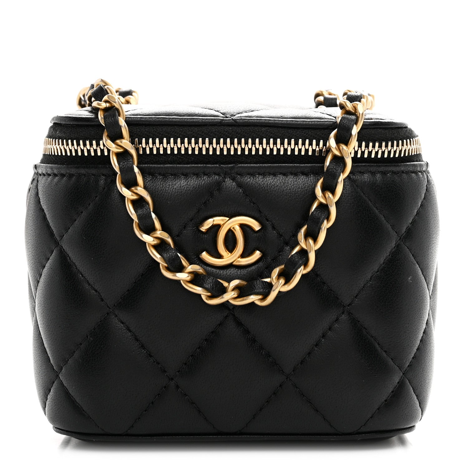 Lambskin Quilted Mini Pearl Crush Vanity Case With Chain Black
