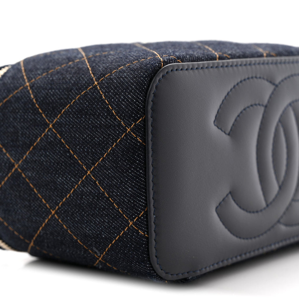Denim Quilted Vanity Case With Chain Dark Blue
