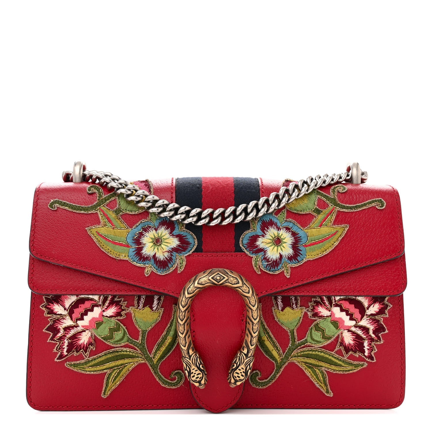 Calfskin Web Floral Embroidered Small Dionysus Shoulder Bag Hibiscus Red
