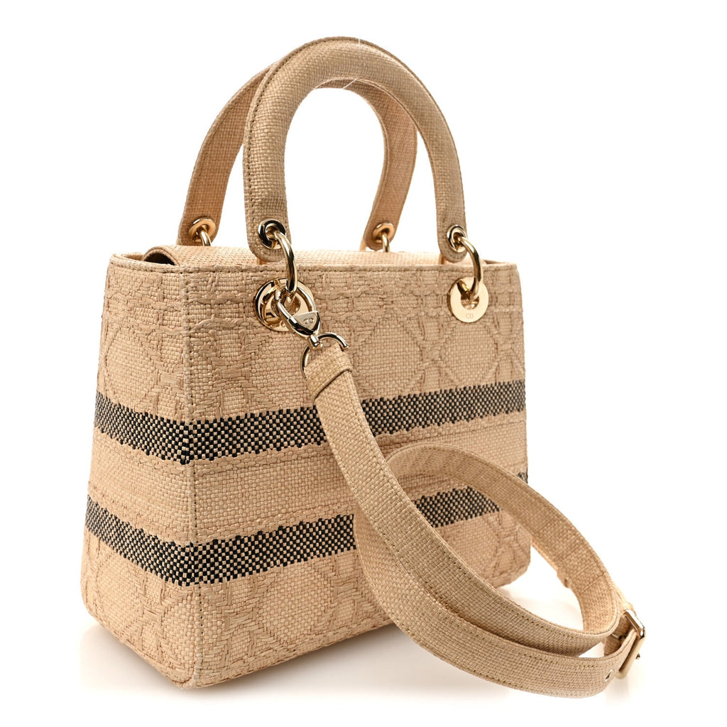 Raffia Woven Cannage Embroidered Medium Lady D-Lite Natural Black