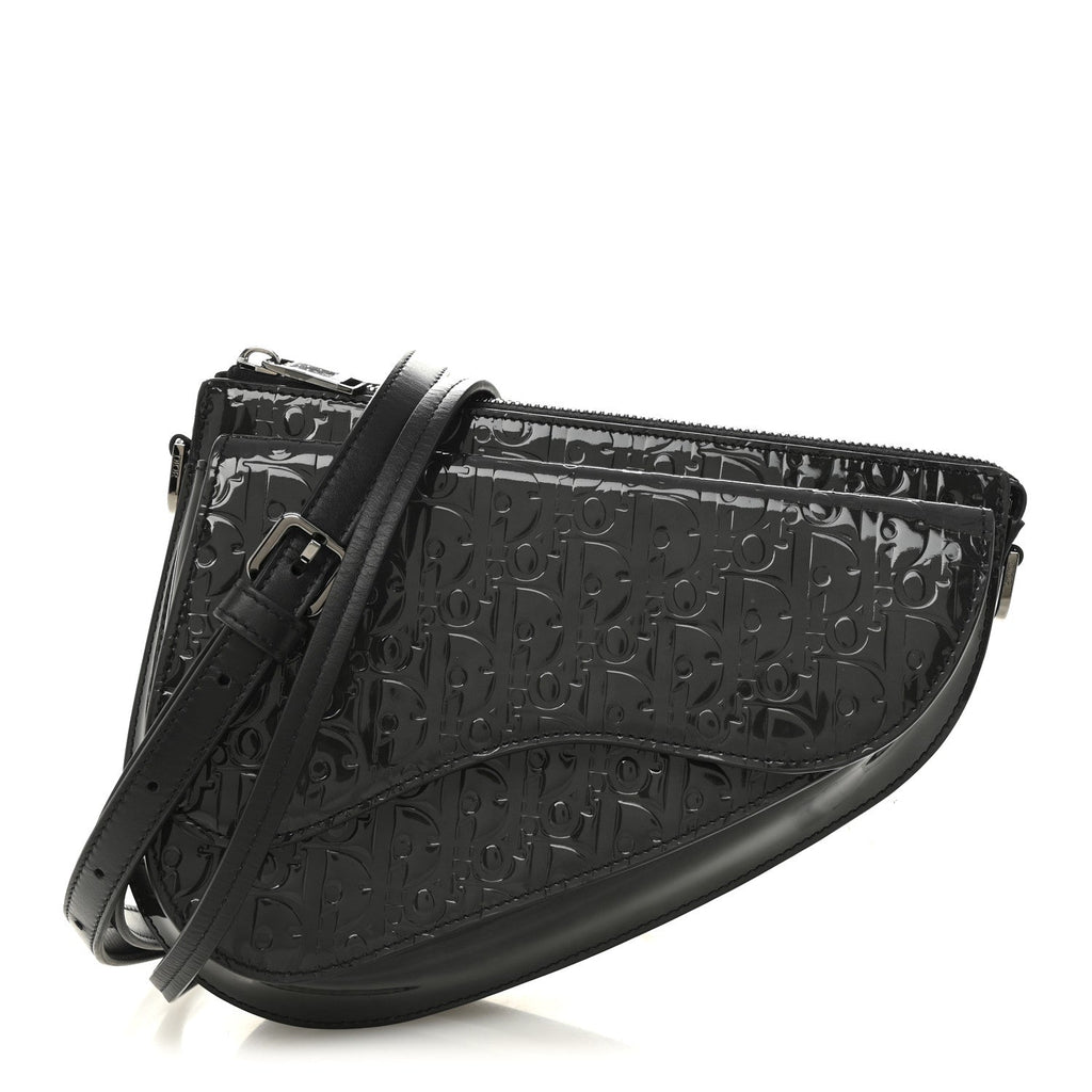 Patent Oblique Embossed Saddle Boxy Bag Black