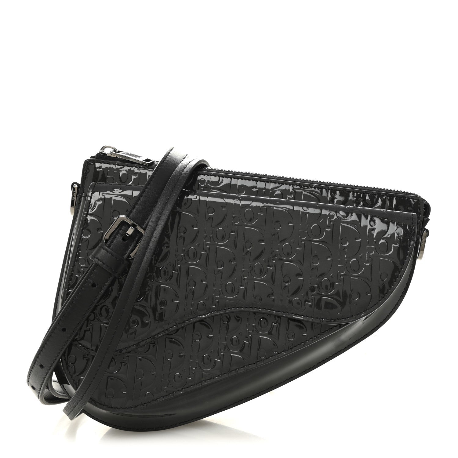 Patent Oblique Embossed Saddle Boxy Bag Black
