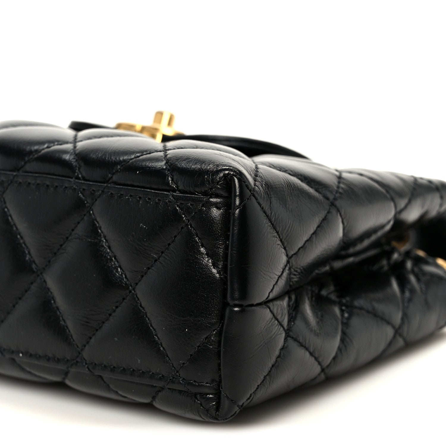 Shiny Aged Calfskin Quilted Nano Kelly Shopper Black
