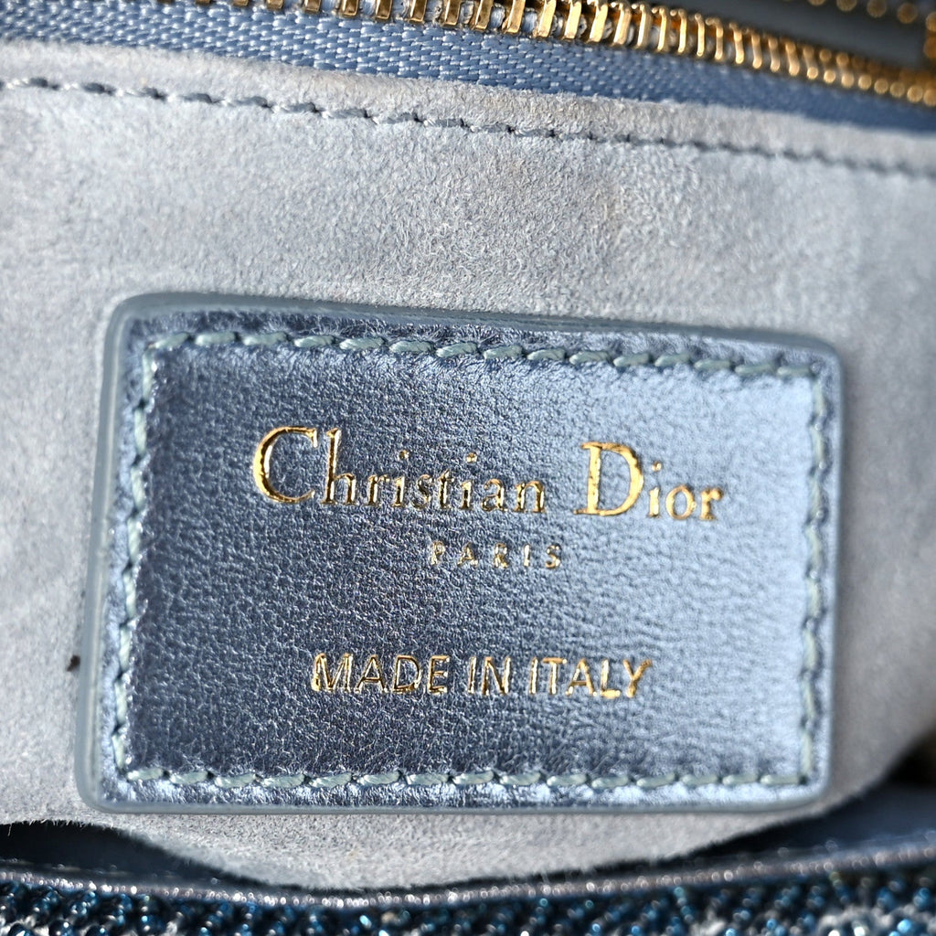 Metallic Calfskin Satin Celestial Bead Embroidery Cannage Mini Lady Dior Blue