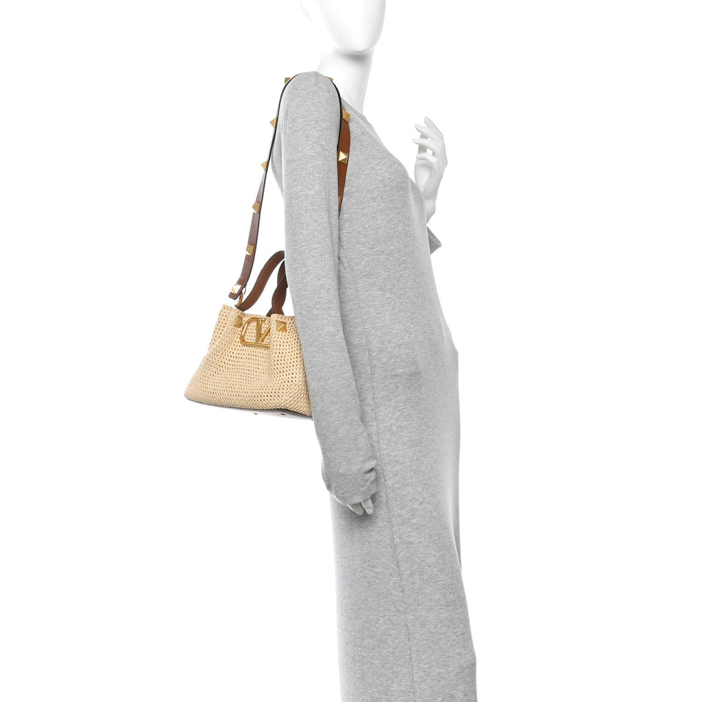 Raffia Grained Calfskin Small Rockstud Vlogo Tote Naturale