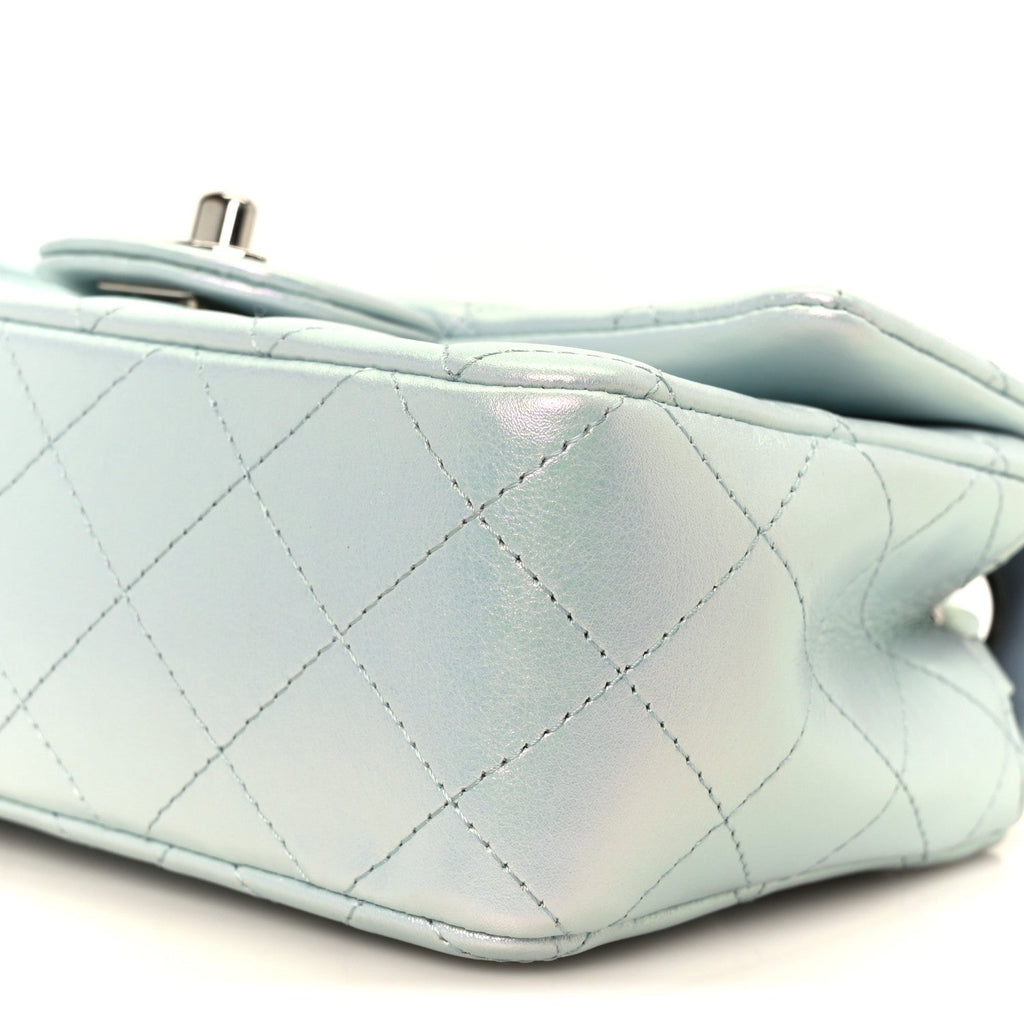 Iridescent Calfskin Quilted Mini Rectangular Flap Light Blue