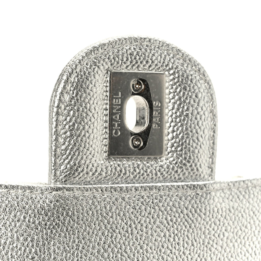 Metallic Caviar Quilted Mini Square CC Slide Flap Silver