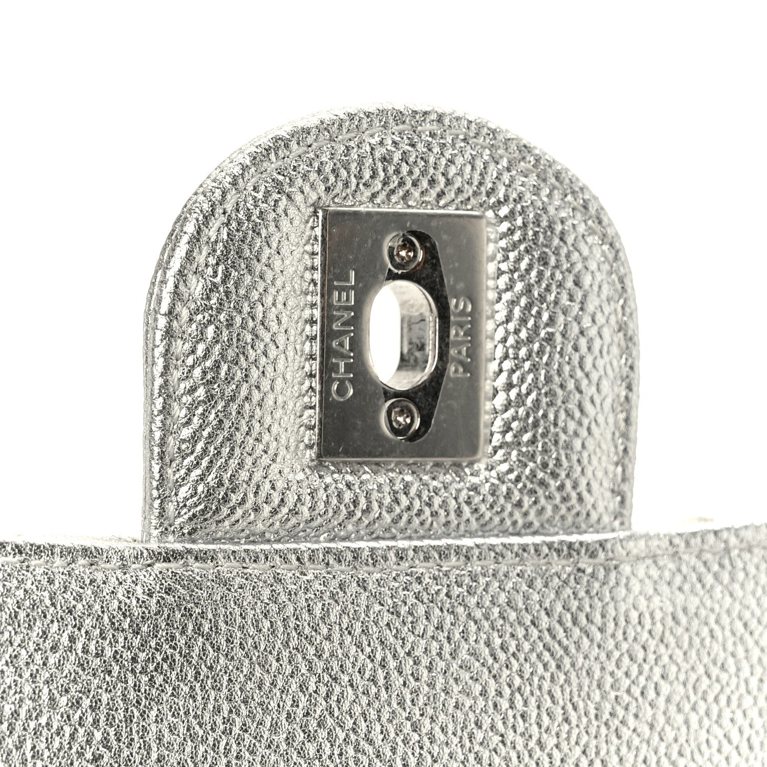 Metallic Caviar Quilted Mini Square CC Slide Flap Silver