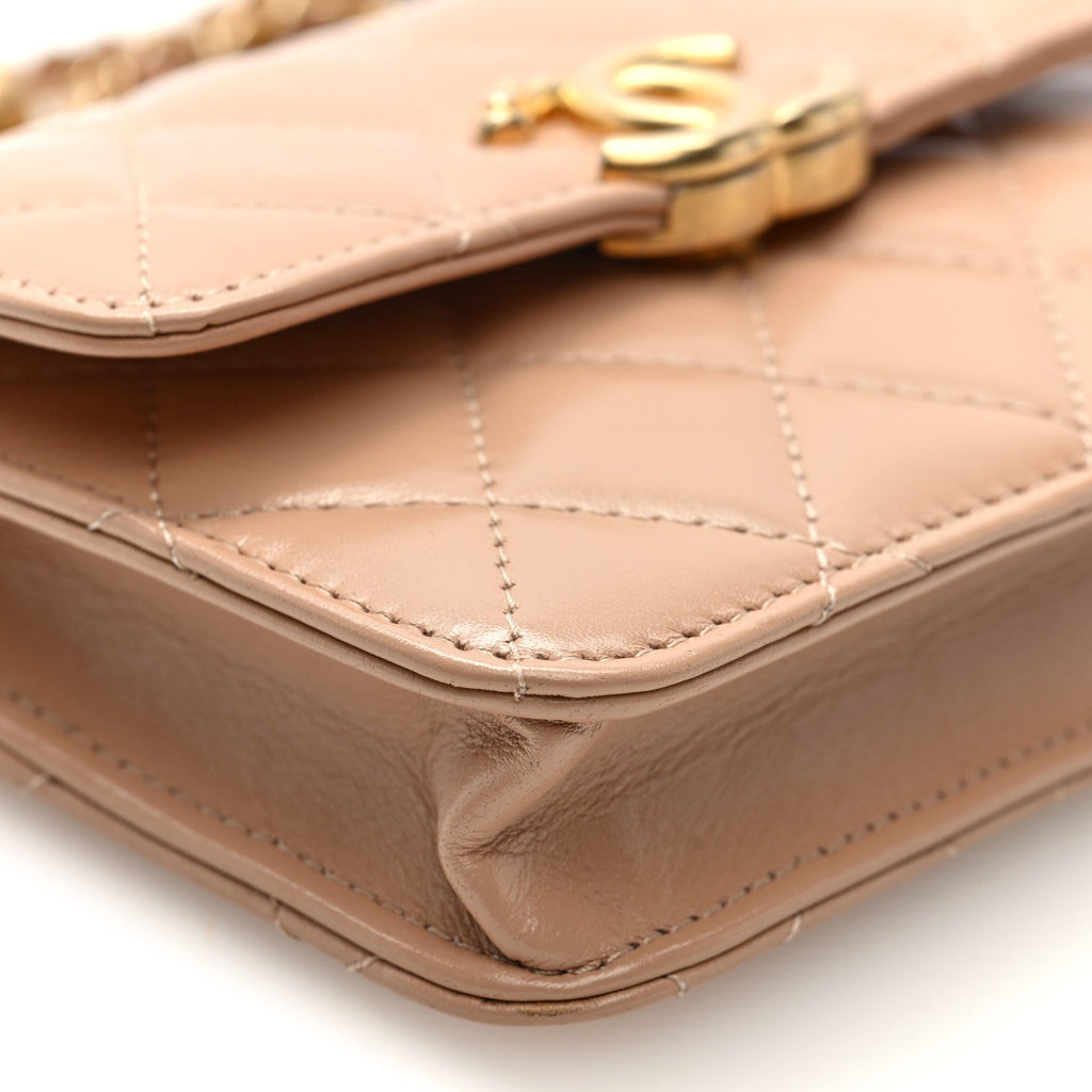 Calfskin Quilted Perfect Fit Coin Purse With Chain Beige