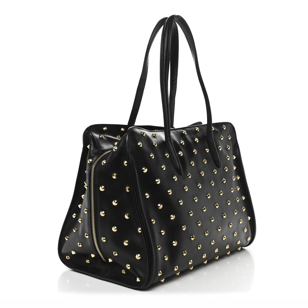Calfskin Large Studded Padlock Zip Around Tote Black