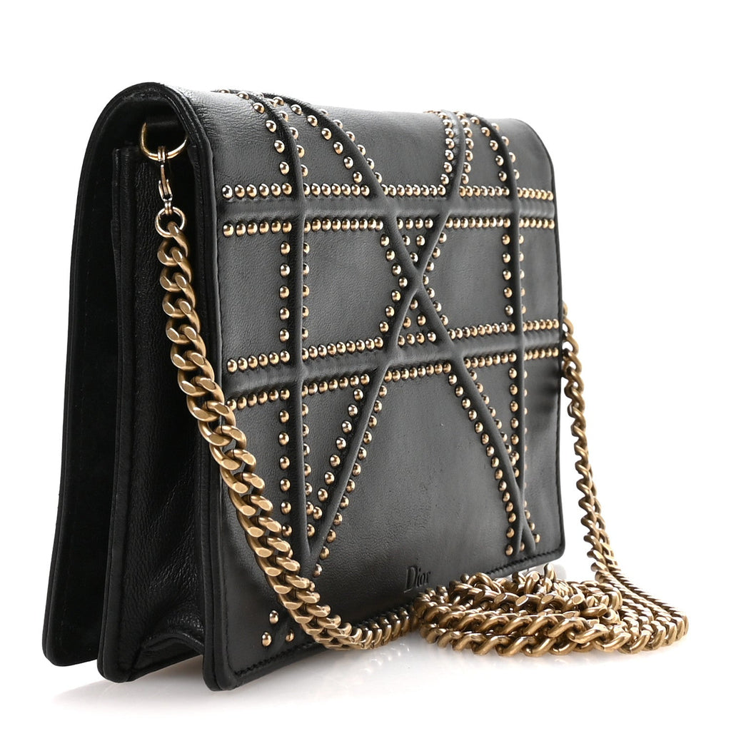 Calfskin Studded Diorama Wallet on Chain Pouch Black
