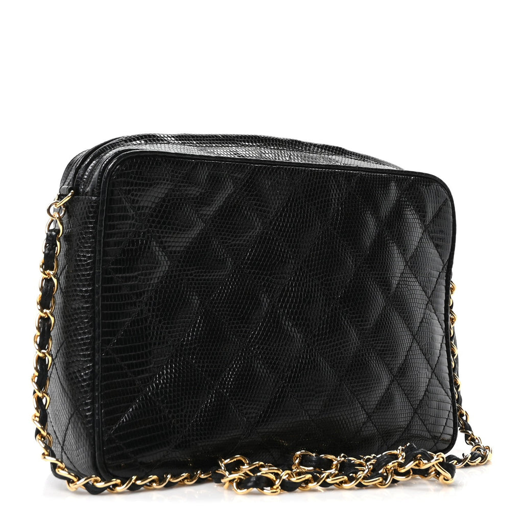 Lizard Quilted Small Tassel Camera Case Black