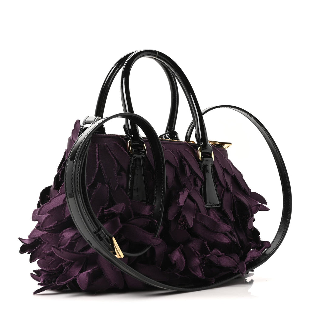 Satin Feathered Vernice Mini Galleria Double Zip Tote Black Prugna
