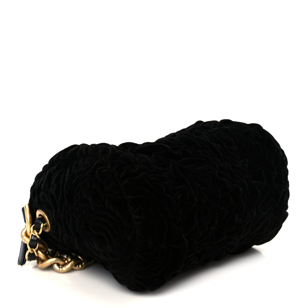 Velvet Camellia Embossed Barrel Clutch With Chain  Black