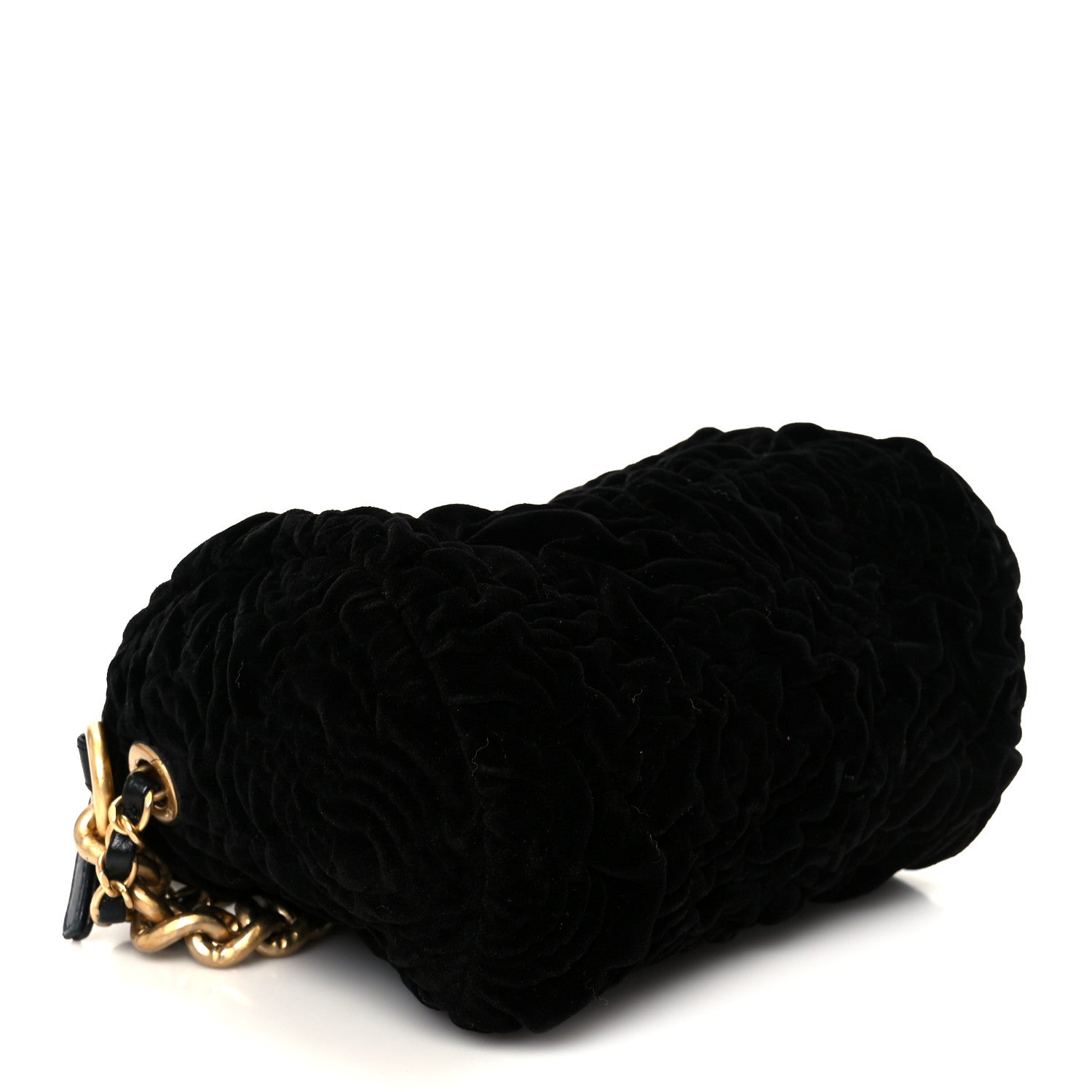 Velvet Camellia Embossed Barrel Clutch With Chain  Black