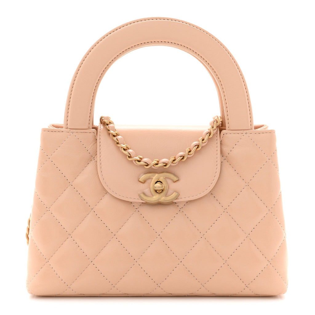 Shiny Aged Calfskin Quilted Nano Kelly Shopper Beige