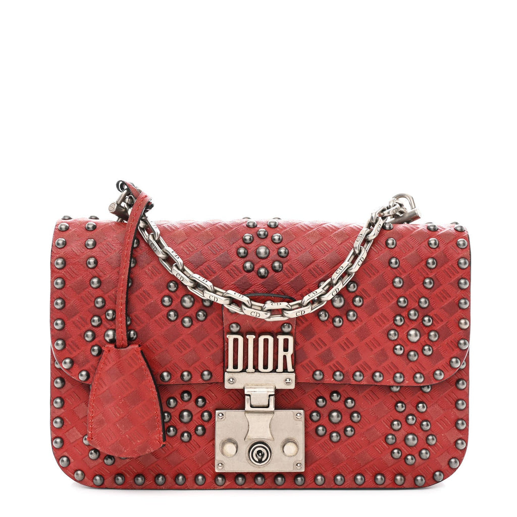 Calfskin Cannage Embossed Studded Small Dioraddict Flap Bag Red