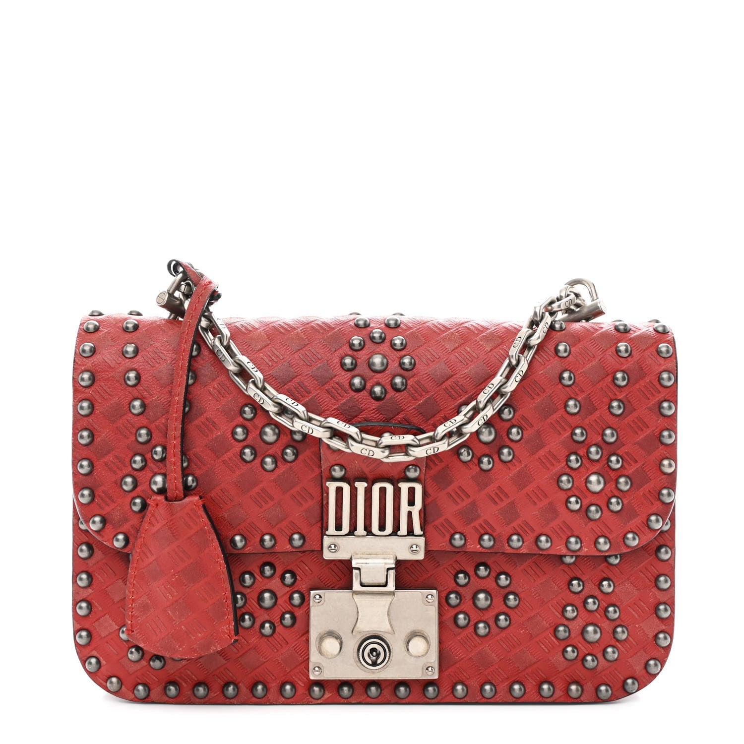 Calfskin Cannage Embossed Studded Small Dioraddict Flap Bag Red