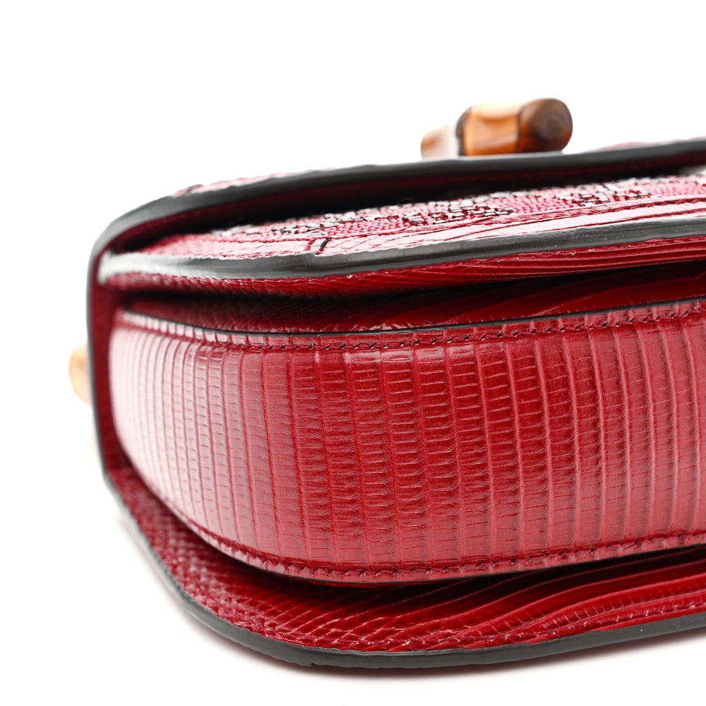 Moire Fabric Calfskin Rhinestone Monogram Monochrome Lizard Embossed Mini Bamboo 1947 Top Handle Chain Bag Red