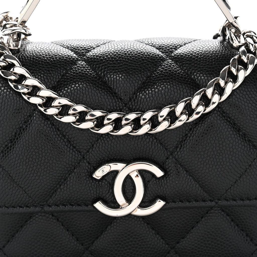 Caviar Quilted Enamel Top Handle Flap Clutch With Chain Black