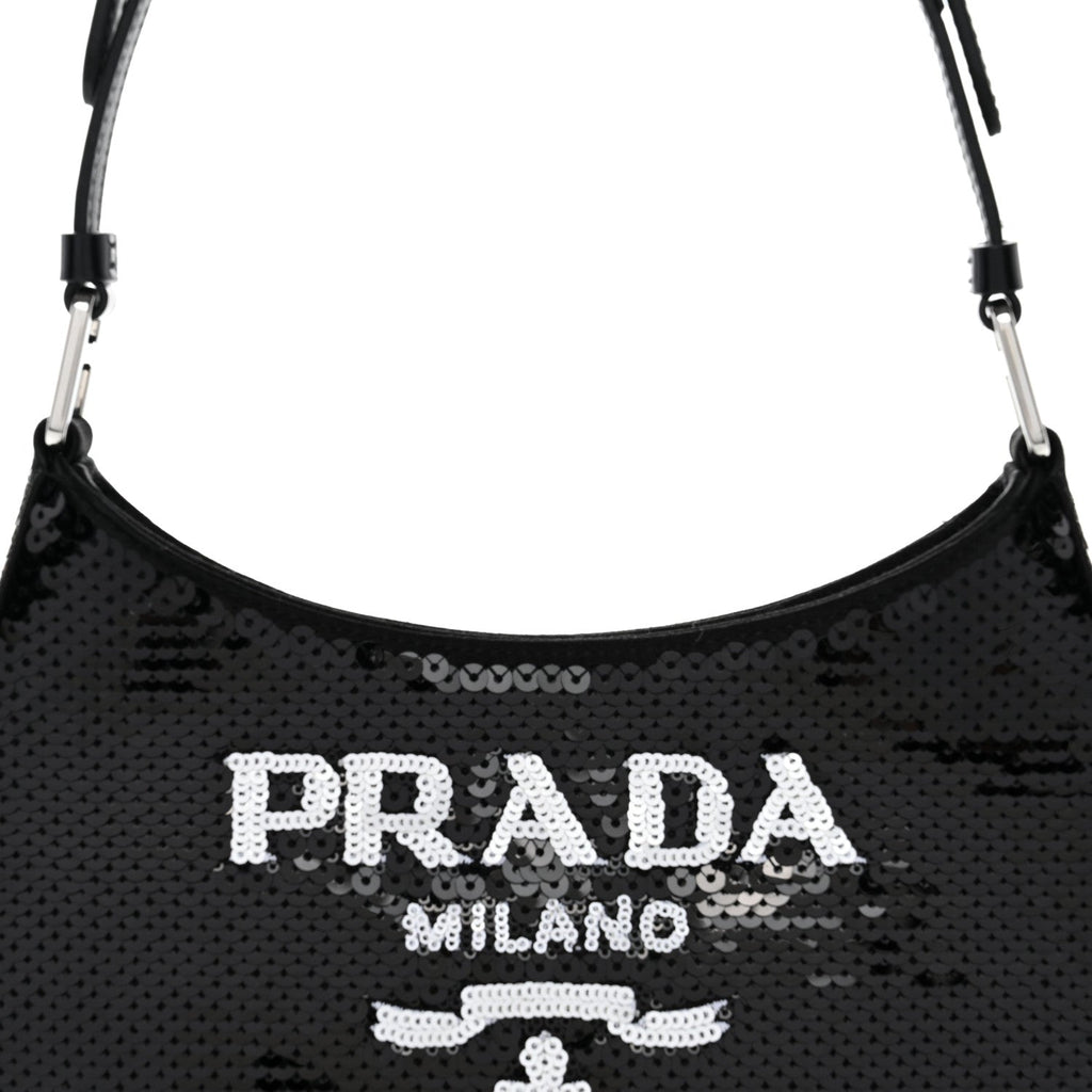 Paillettes Sequin Logo Cleo Adjustable Strap Shoulder Bag Black White