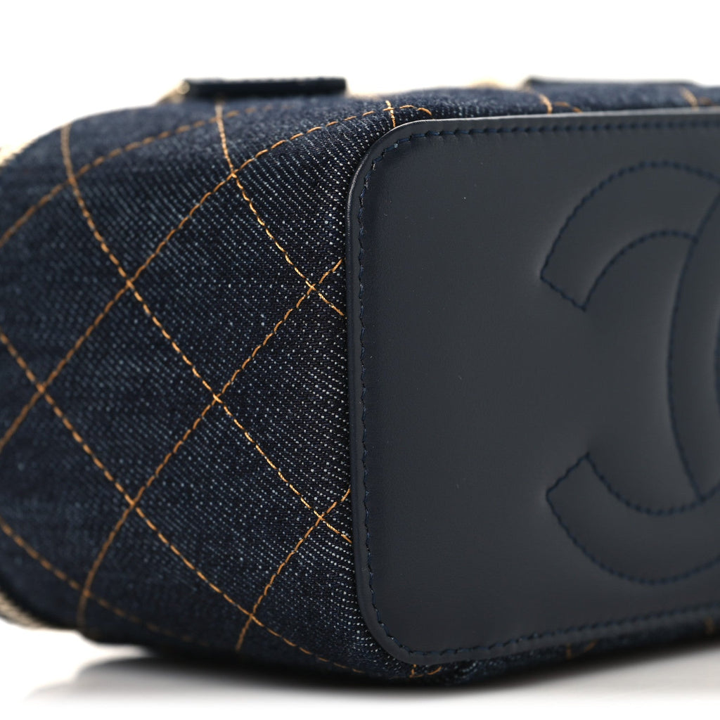 Denim Quilted Vanity Case With Chain Dark Blue