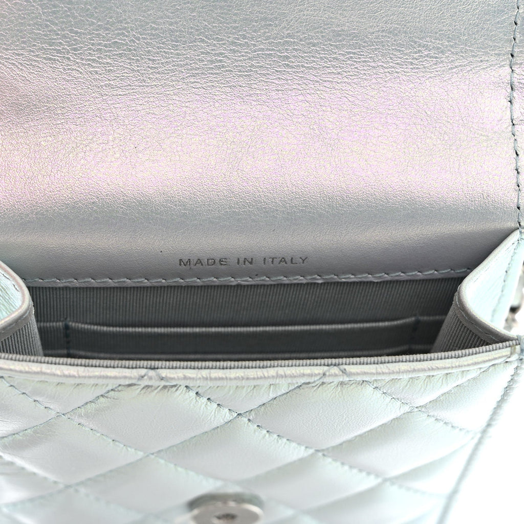 Iridescent Lambskin Quilted CC Phone Holder Blue