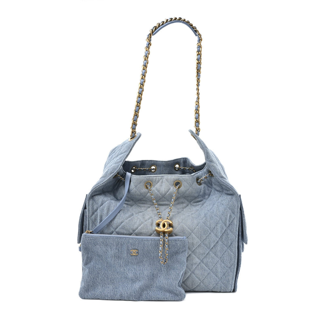 Washed Denim Quilted Medium Chanel 25 Handbag Blue