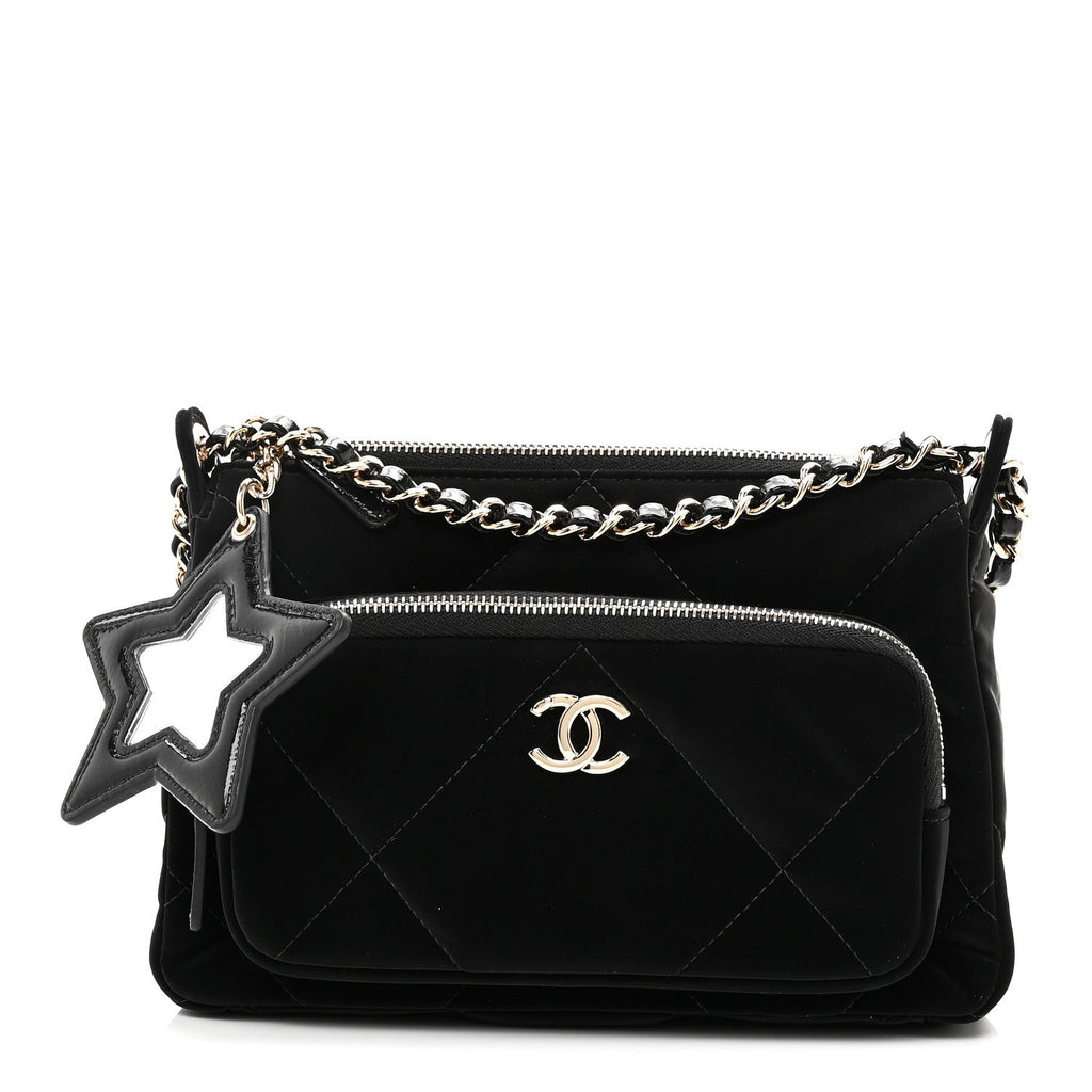 Velvet Effect Nylon Shiny Crumpled Calfskin Mini Quilted Chanel 25 Clutch With Chain Black