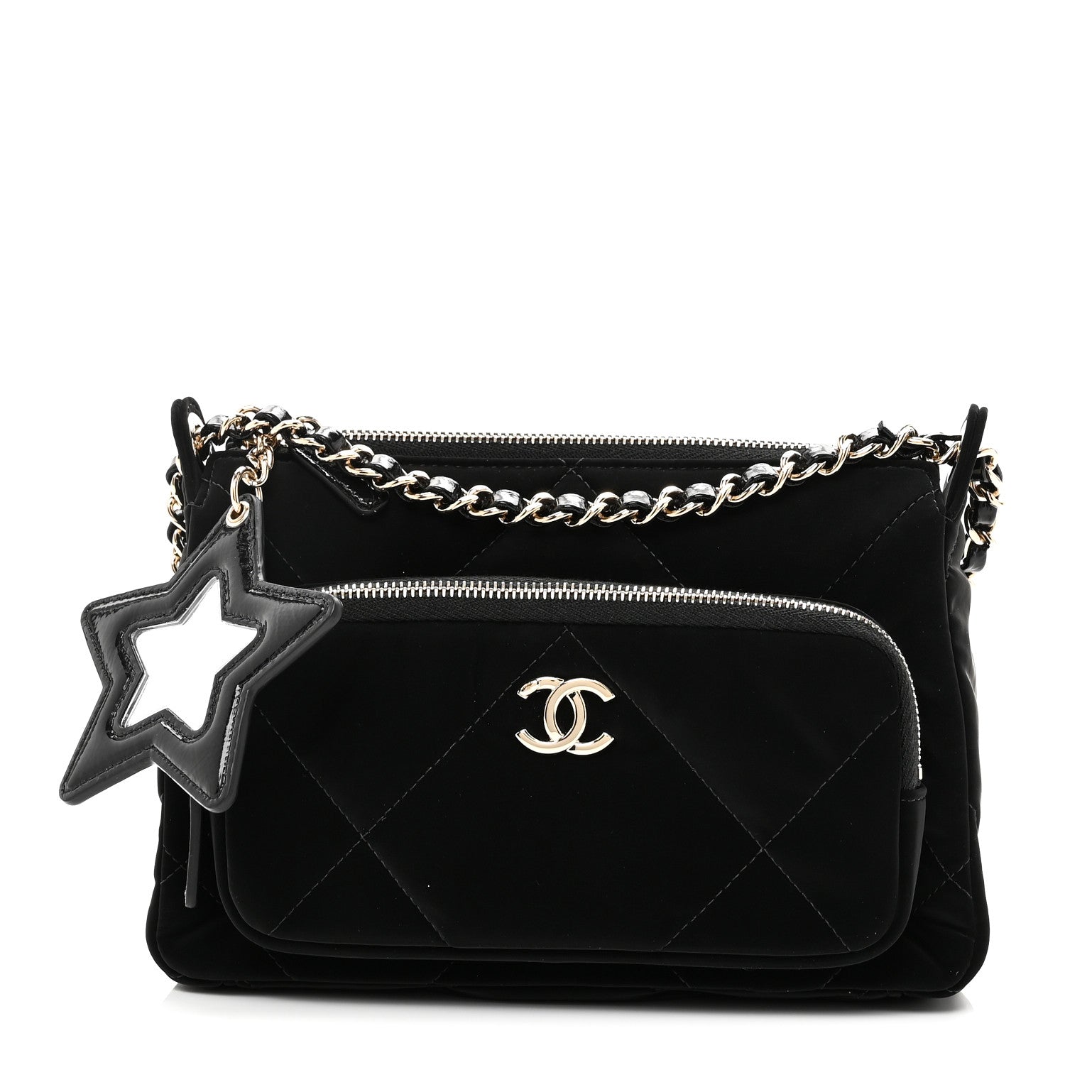 Velvet Effect Nylon Shiny Crumpled Calfskin Mini Quilted Chanel 25 Clutch With Chain Black